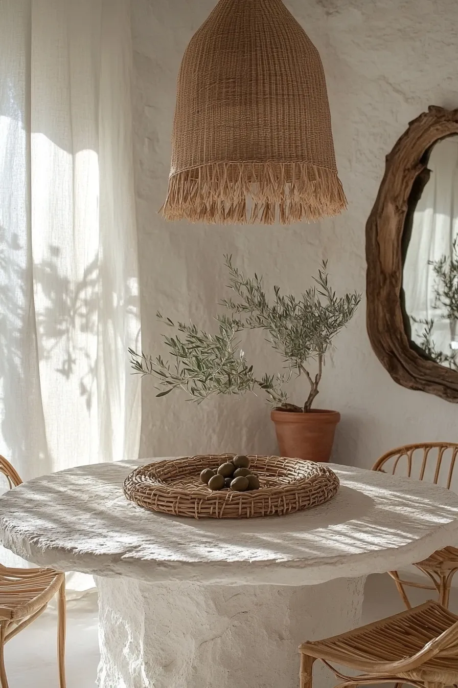 sunlit mediterranean dining space with round whitewashed table natural rattan accents linen curtains and woven pendant lighting