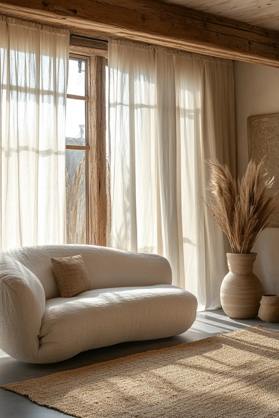 sunlit modern organic living room with floortoceiling linen drapery curved boucl sofa jute rug and wooden beams