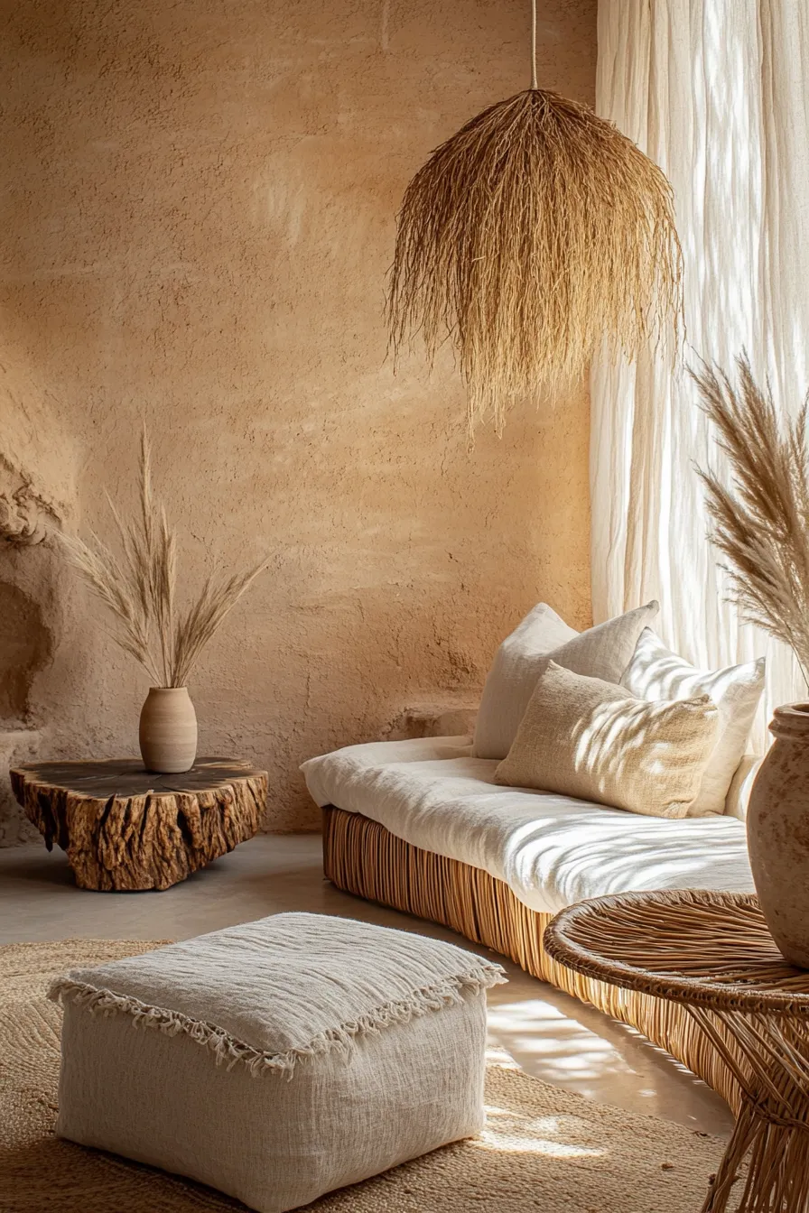 sunlit modern organic room with curved sofa natural pouf liveedge table and woven lighting