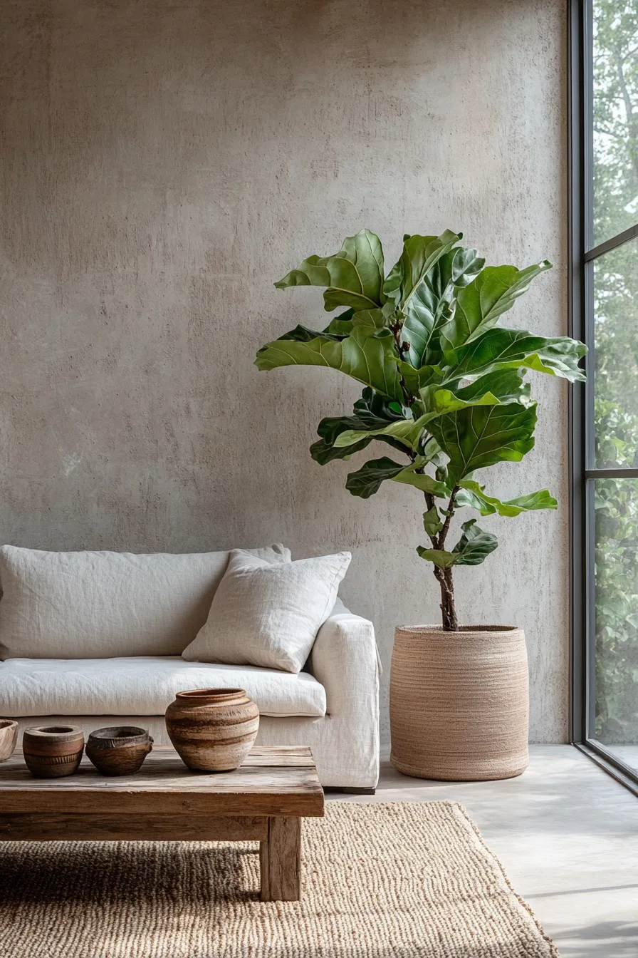 sunlit organic modern room featuring concrete walls ceramics linen sectional and potted plants