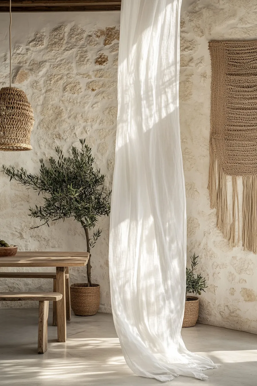 sunlit spanish dining room featuring white linen curtains stone walls wooden dining table and handwoven tapestry