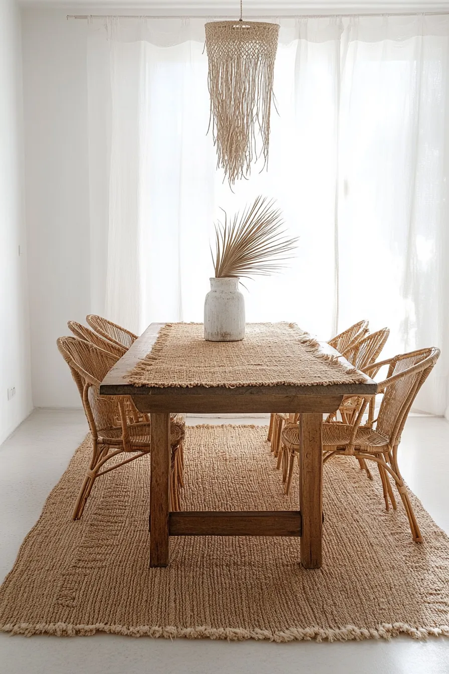 sunlit spanish dining room featuring wooden table on jute rug rattan seating and suspended pendant lighting