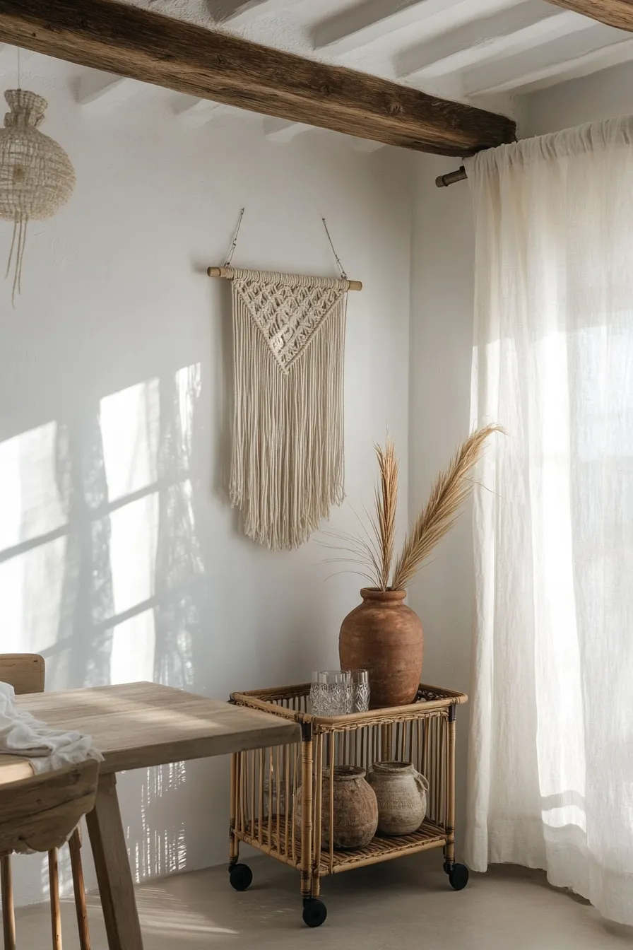 sunlit spanish dining room with rattan bar cart whitewashed walls wood beams and oak table beside macrame art