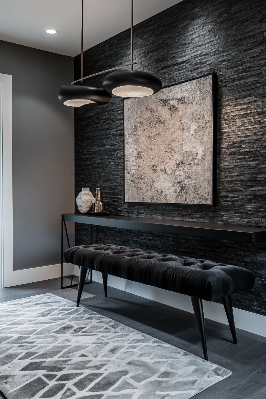 velvet bench in dark entryway with textured walls pendant lighting and minimalist console table