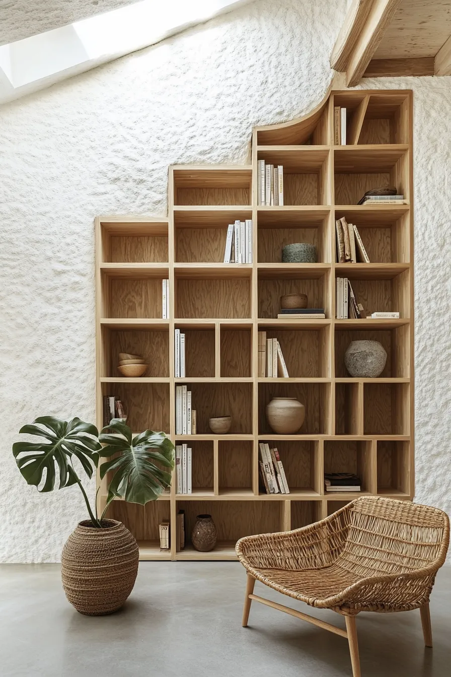 vertical oak bookshelf system with floating design white textured walls skylight lighting and organic decor