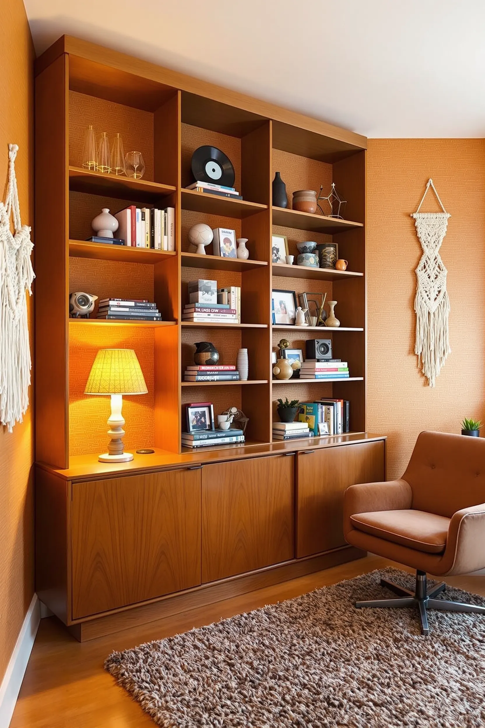 vintage home office featuring teak bookshelf with rounded edges displaying books and collectibles under warm lighting