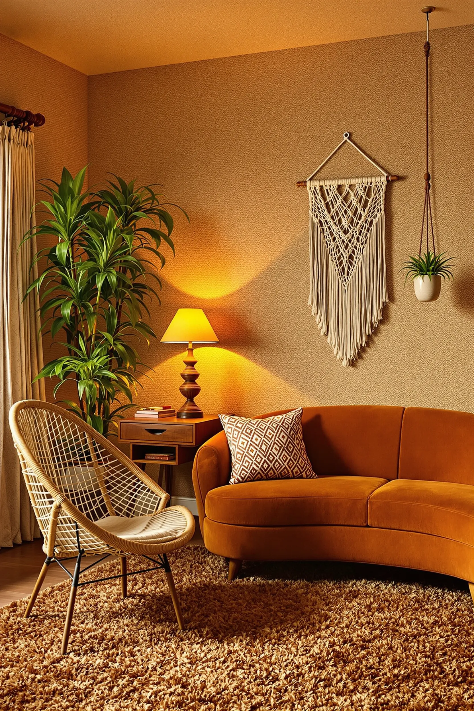 vintage office interior with velvet sofa rattan accent chair and beige textured walls