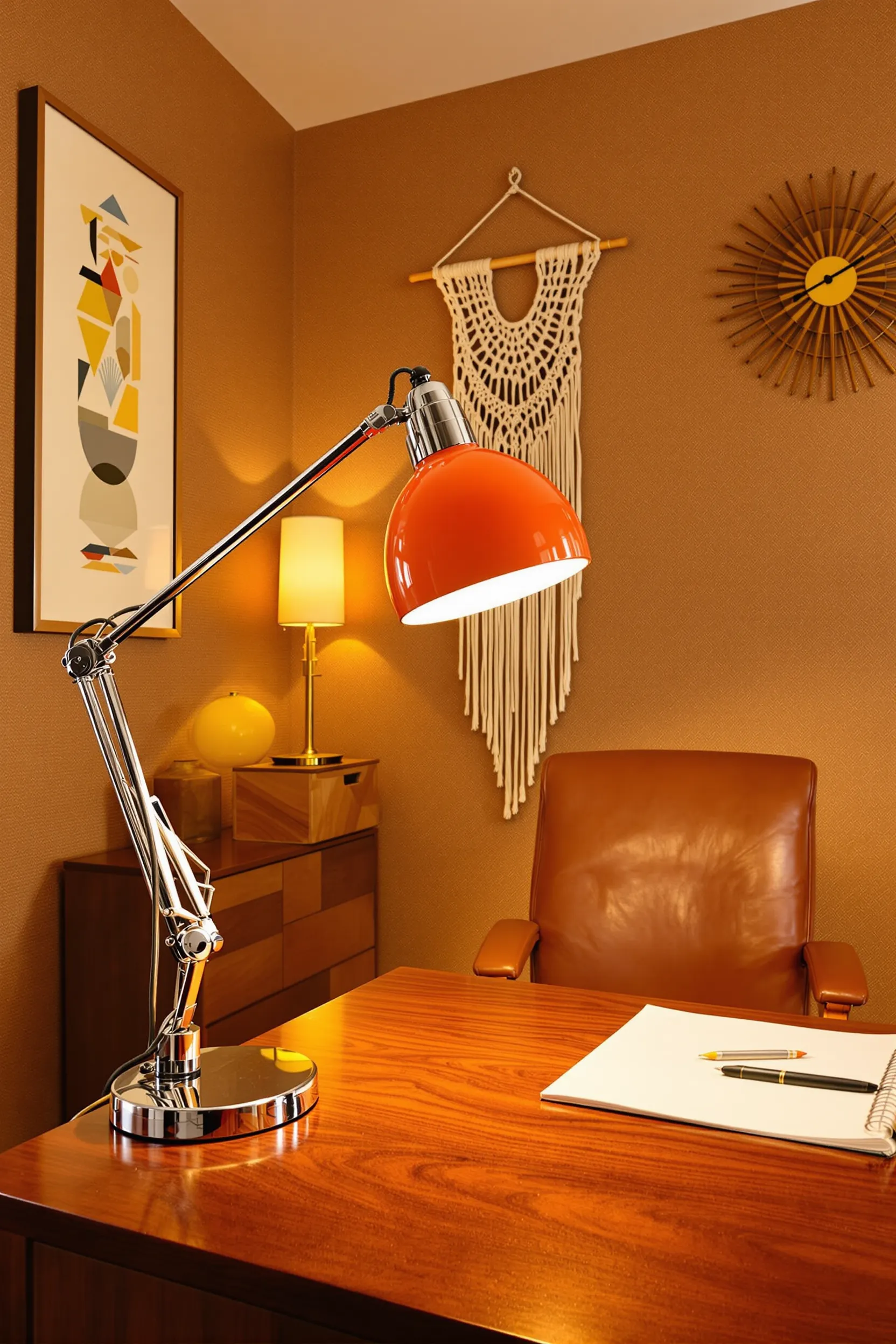 vintage style office with adjustable chrome lamp macram art earthtoned walls and geometric decor