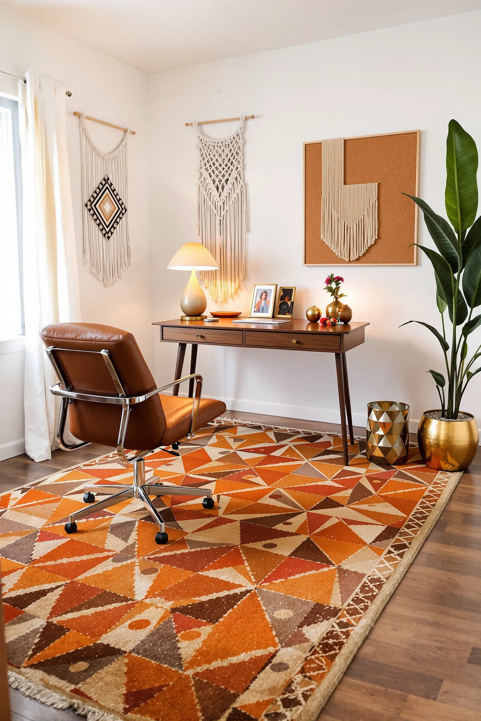 vintage style office with geometric rug walnut desk amber mushroom lamp and macrame wall decor