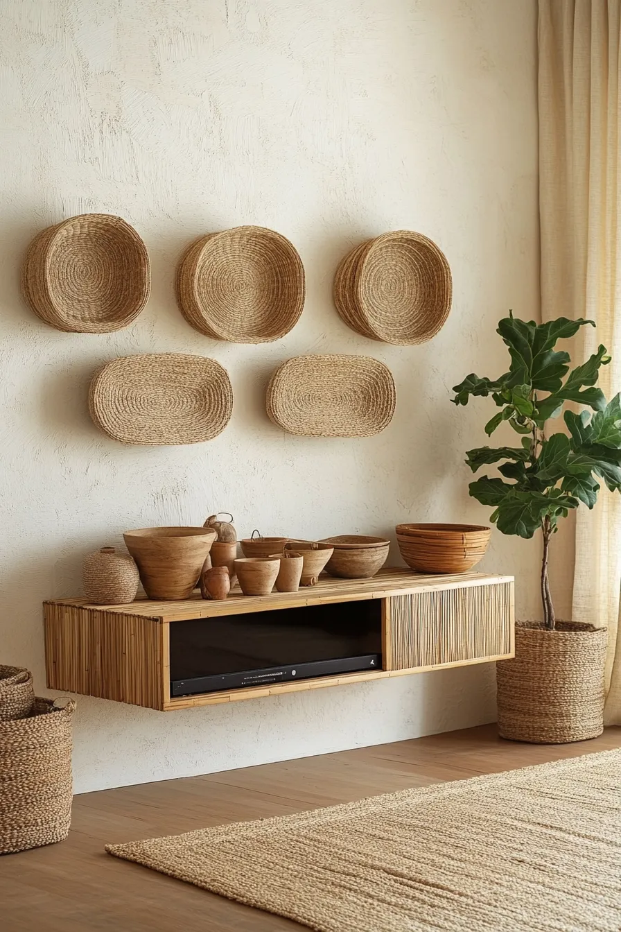 wallmounted bamboo media unit with decorative baskets and pottery display in naturally lit living room