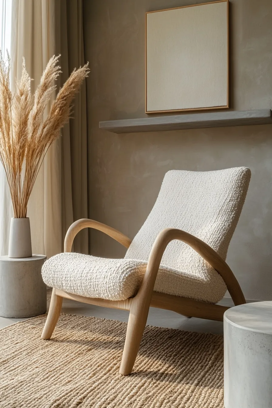 warm gray living room with sculptural accent chair jute rug and minimalist decor near floortoceiling window