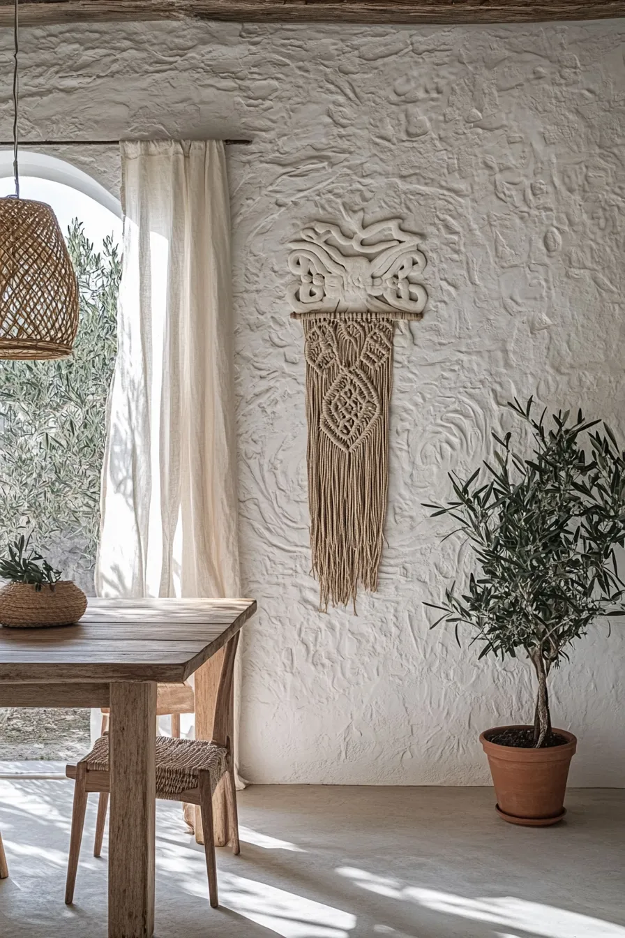 white plaster dining room with mediterranean stone wall arched window macrame art wooden table and woven pendant