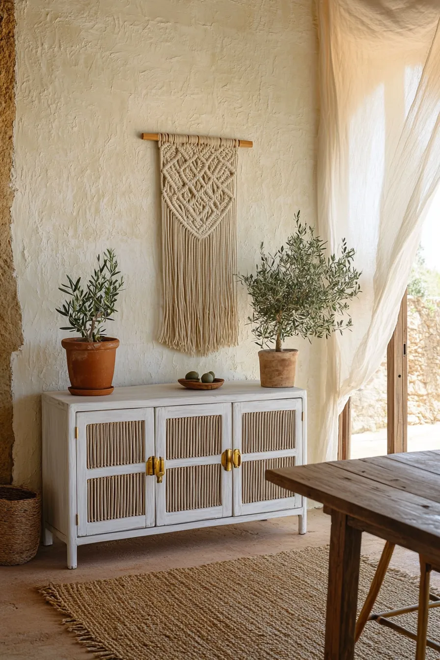 white rattan sideboard with brass hardware wooden dining table natural light through draped window