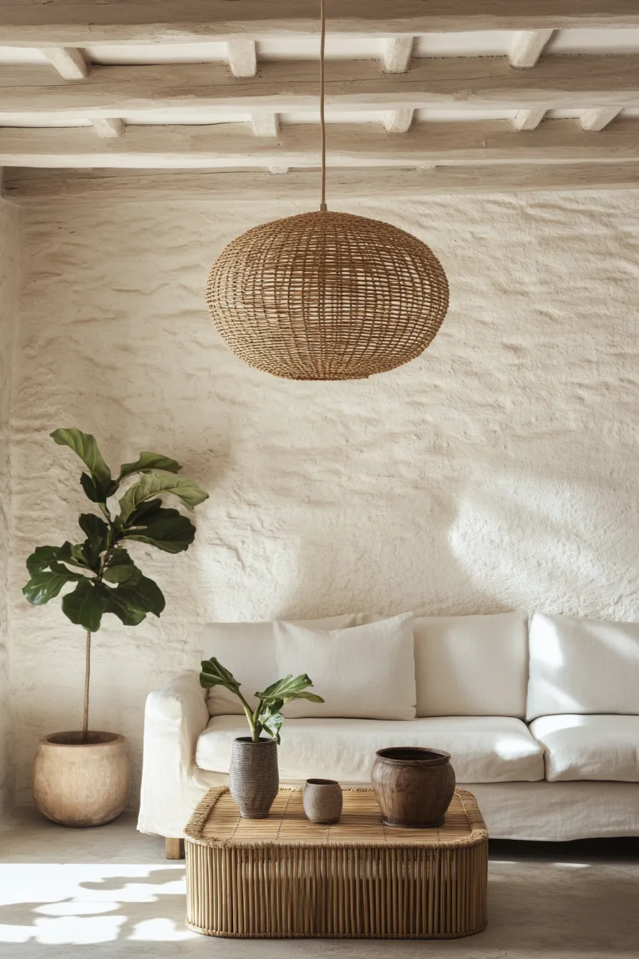 whitewashed beam ceiling with rattan pendant light illuminating organic modern living room with natural decor