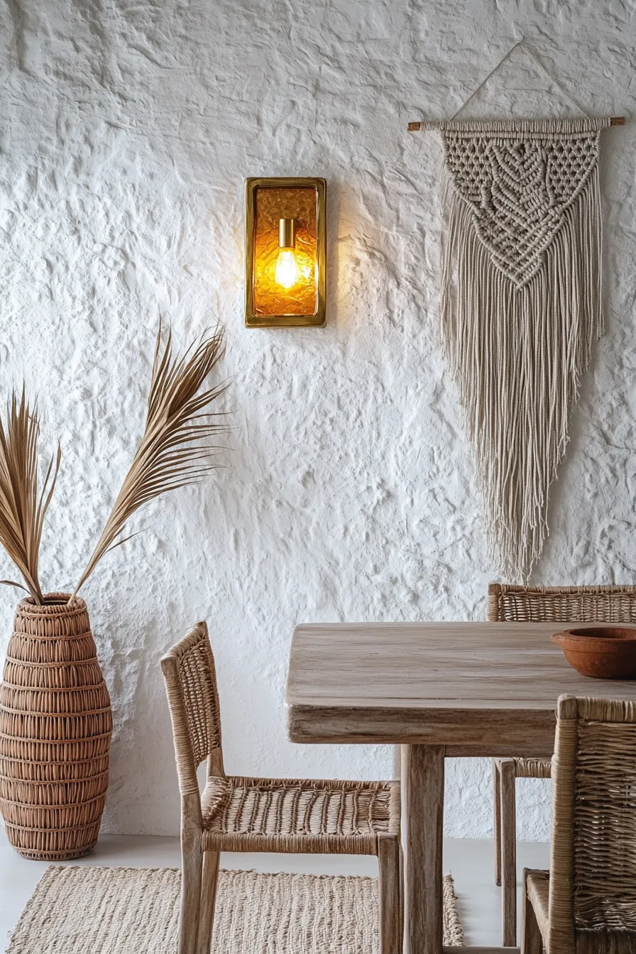 whitewashed mediterranean dining room featuring brass sconces pendant light wooden furniture and natural fiber accents