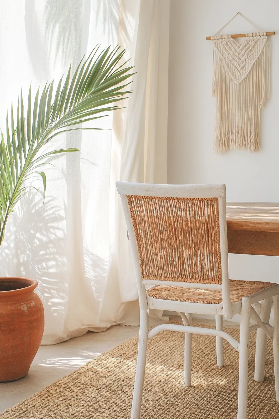 whitewashed rattan dining chairs surrounding wooden table macram wall art terracotta pot with palm frond against white wall