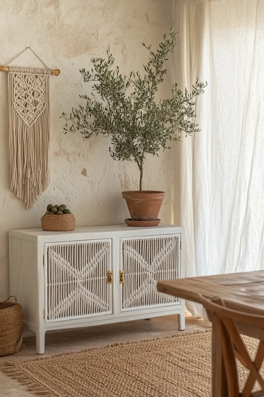 whitewashed rattan sideboard with cane doors against limewashed wall wooden table macrame hanging and jute rug