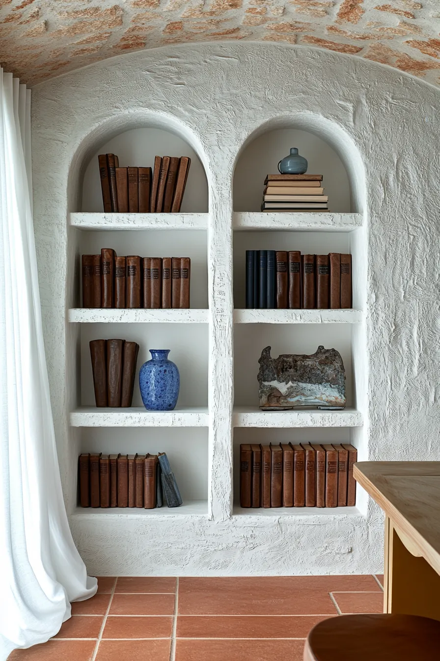 whitewashed stone bookshelf with arched alcoves natural light from round window blue ceramic vase and linen curtains