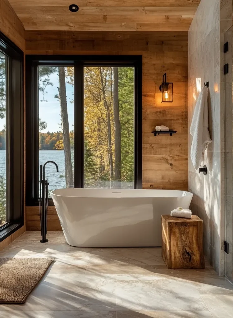 wideangle view of lake house bathroom showing soaker tub cedar walls and modern fixtures in morning light