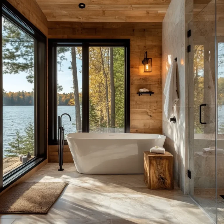 wideangle view of lake house bathroom showing soaker tub cedar walls and modern fixtures in morning light