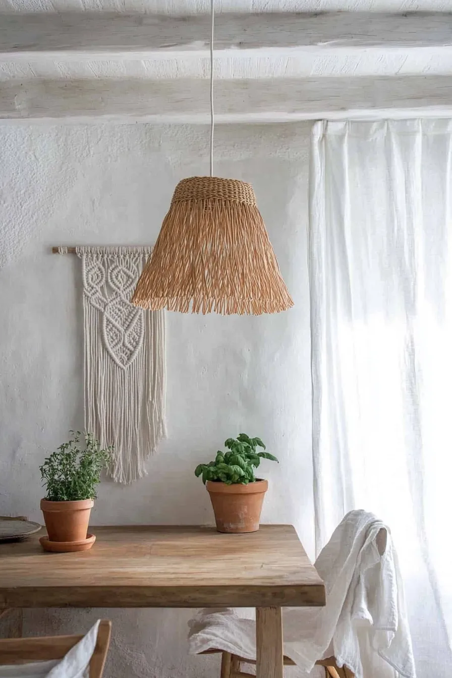 woven pendant light casting soft glow over spanish dining table with mediterranean herbs and macram wall art