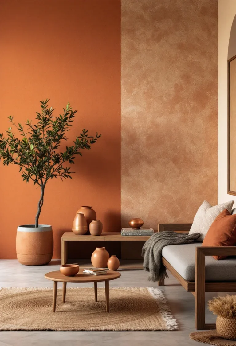 interior featuring terracotta wall texture contrasting with stone surface showing warm lighting and wooden furniture with clay pottery