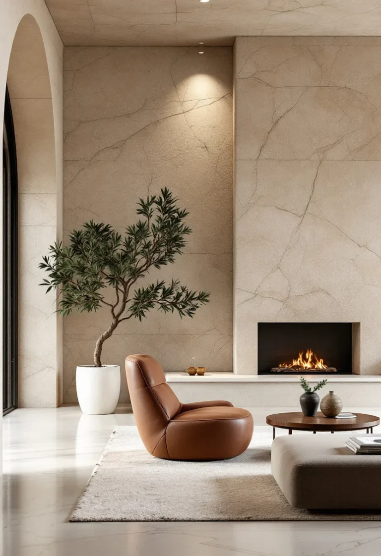 interior limestone clad walls featuring natural veining patterns soft lighting and elegant minimalist decor