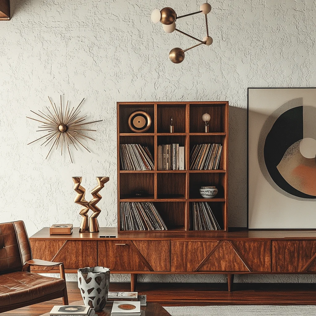 midcentury modern bookshelf decor with geometric compartments showcasing curated items under sputnik pendant light
