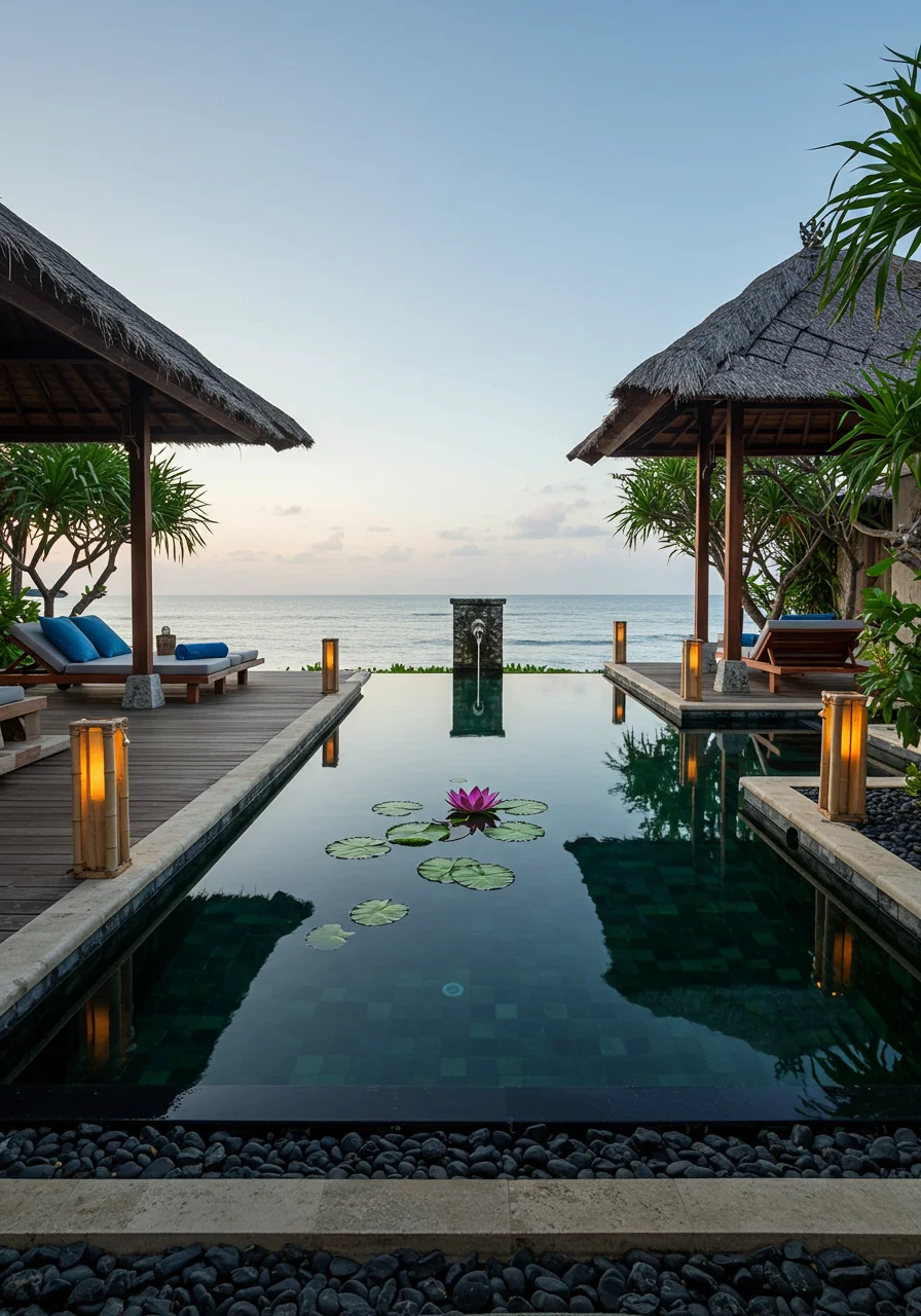 bali beach house exterior with reflection pool lotus blossoms stone edging bamboo lights wooden deck teak daybeds tropical beach house design
