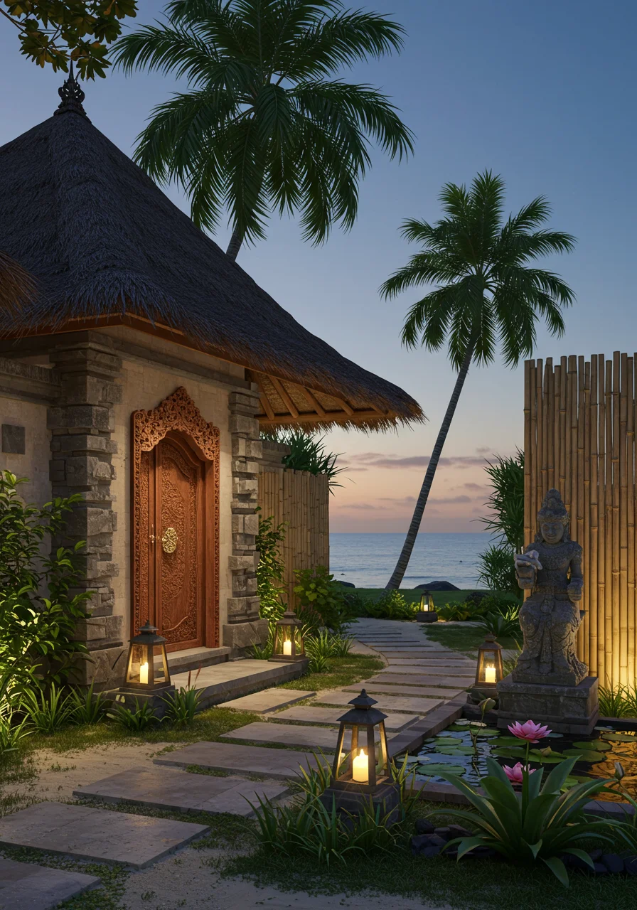 bali beach house exterior with thatched roof veranda natural stone elements tropical landscaping and ocean views