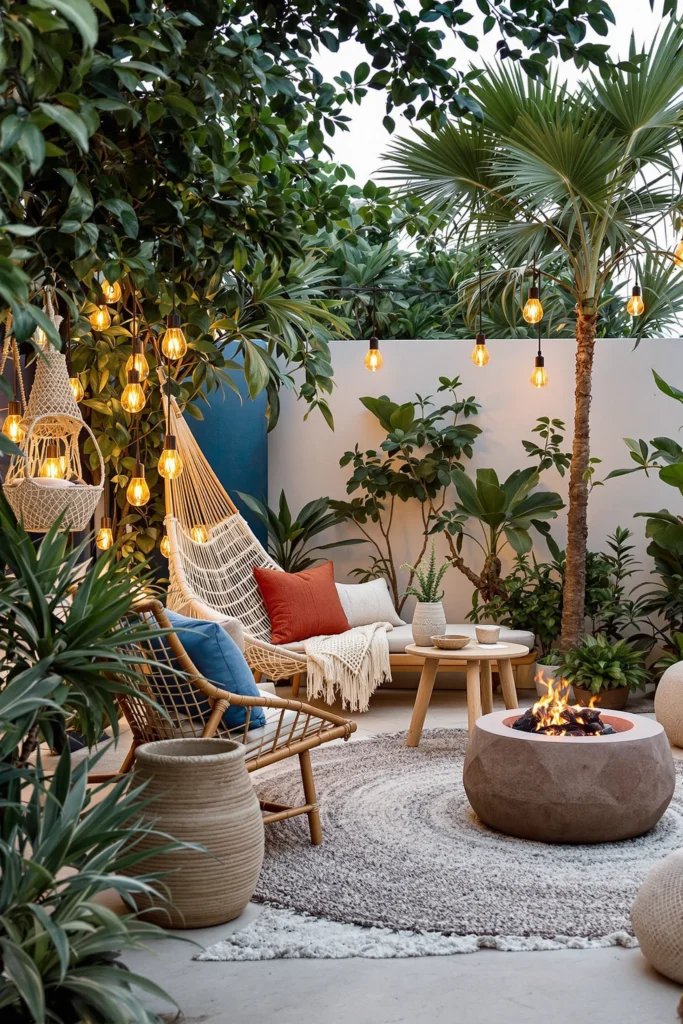 bohemian garden ideas showcasing outdoor meditation garden with sustainable furniture solar lanterns and natural fiber elements