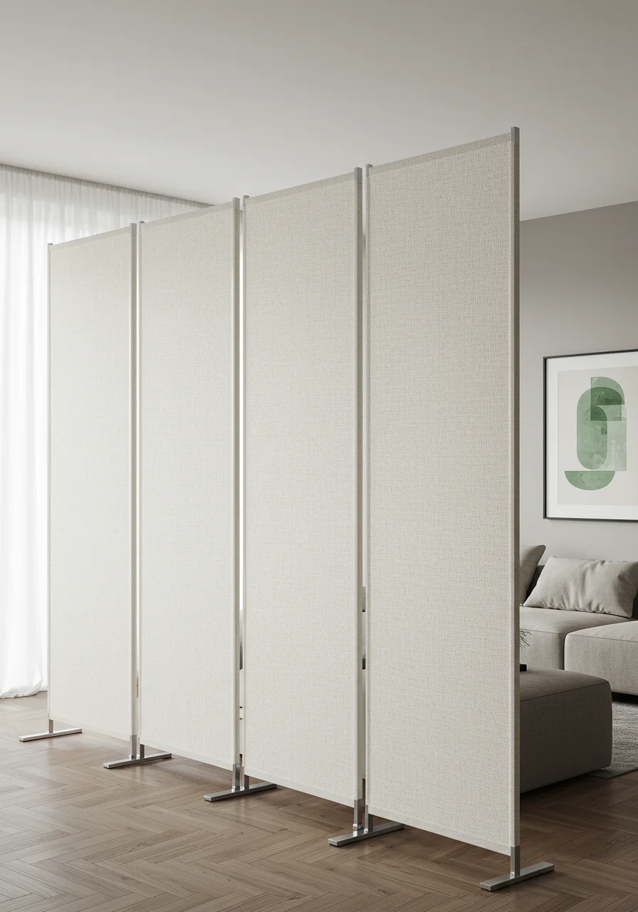 contemporary partition screen design with textile panels natural light and oak flooring in modern living area