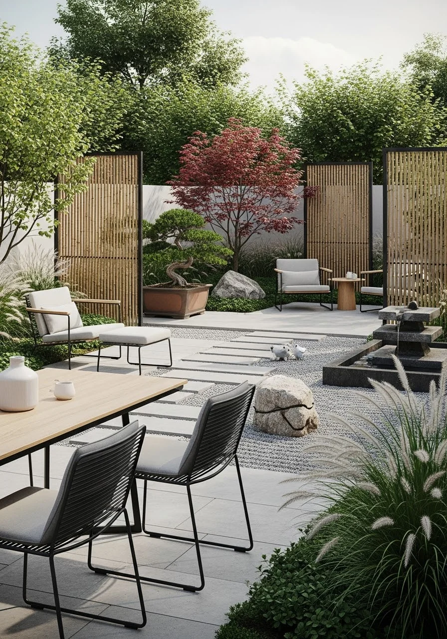 japandi garden ideas with bamboo screens gravel bed and wabi sabi rock arrangement in natural light
