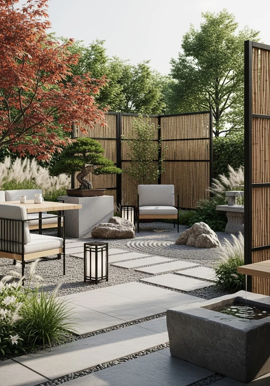 japandi garden ideas with light oak furniture black metal accents ceramic planter and ornamental grass arrangement