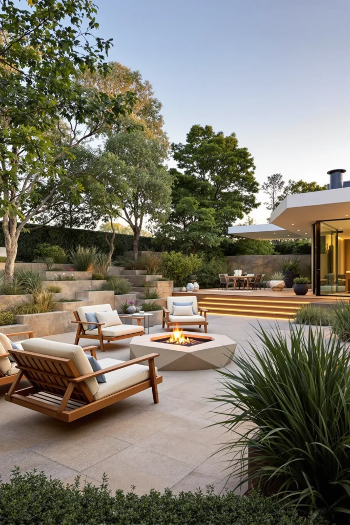 mid century modern garden featuring teak lounge area limestone paving sculptural shade structures and geometric planters