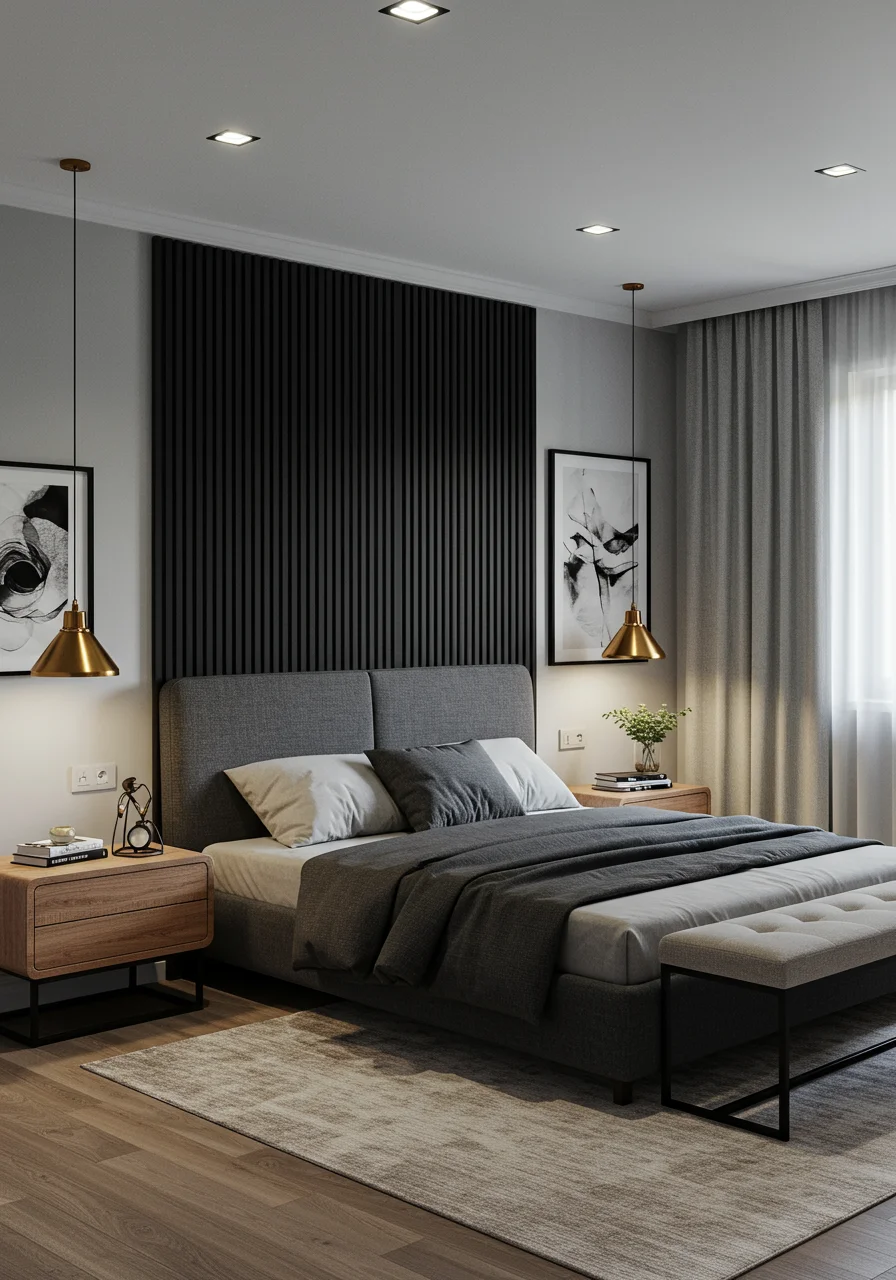 modern bedroom bed back wall design with horizontal black slat panels gray walls platform bed oak nightstand