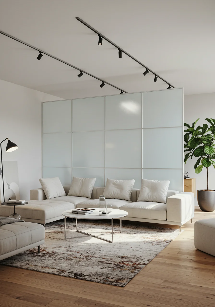 modern frosted glass partition screen space dividers with metal frame beside contemporary furniture and decorative rug