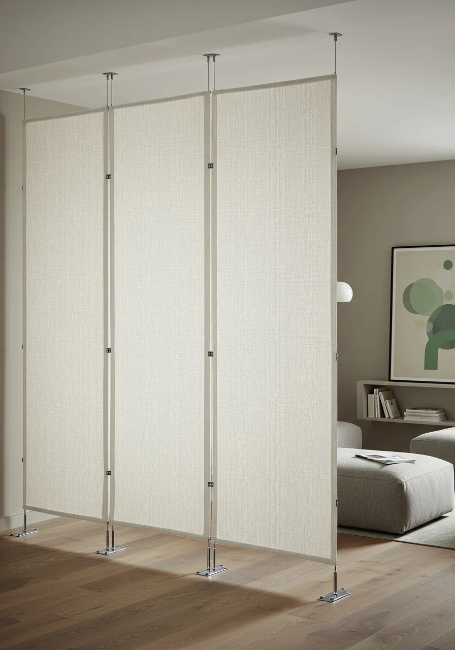 modern partition screen design with woven cream panels steel base and translucent sections in contemporary living space