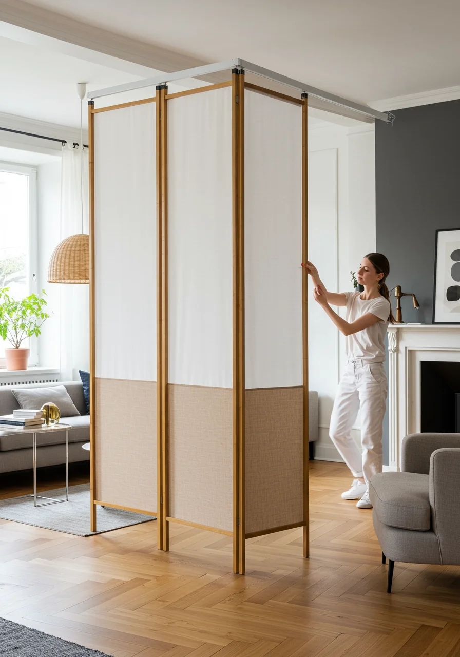 modern screen partition with wooden slats creating distinct zones in spacious room with minimalist furniture and neutral colors
