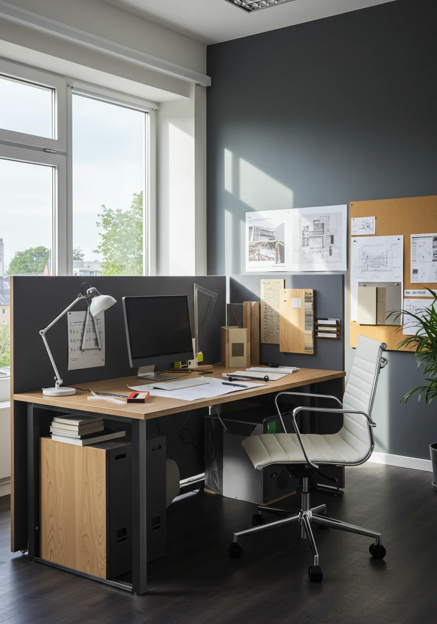modern screen partition workspace with drafting tools wood desk natural sunlight windows plant and inspiration board
