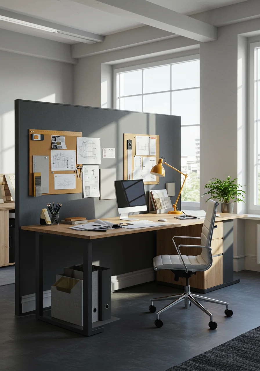 modern screen partition workspace with sunlight windows drafting tools wood desk inspiration board and material samples
