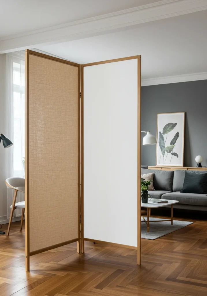 modern style screen partition with bamboo frame and translucent fabric panels creating zones in neutral toned room with hardwood floors