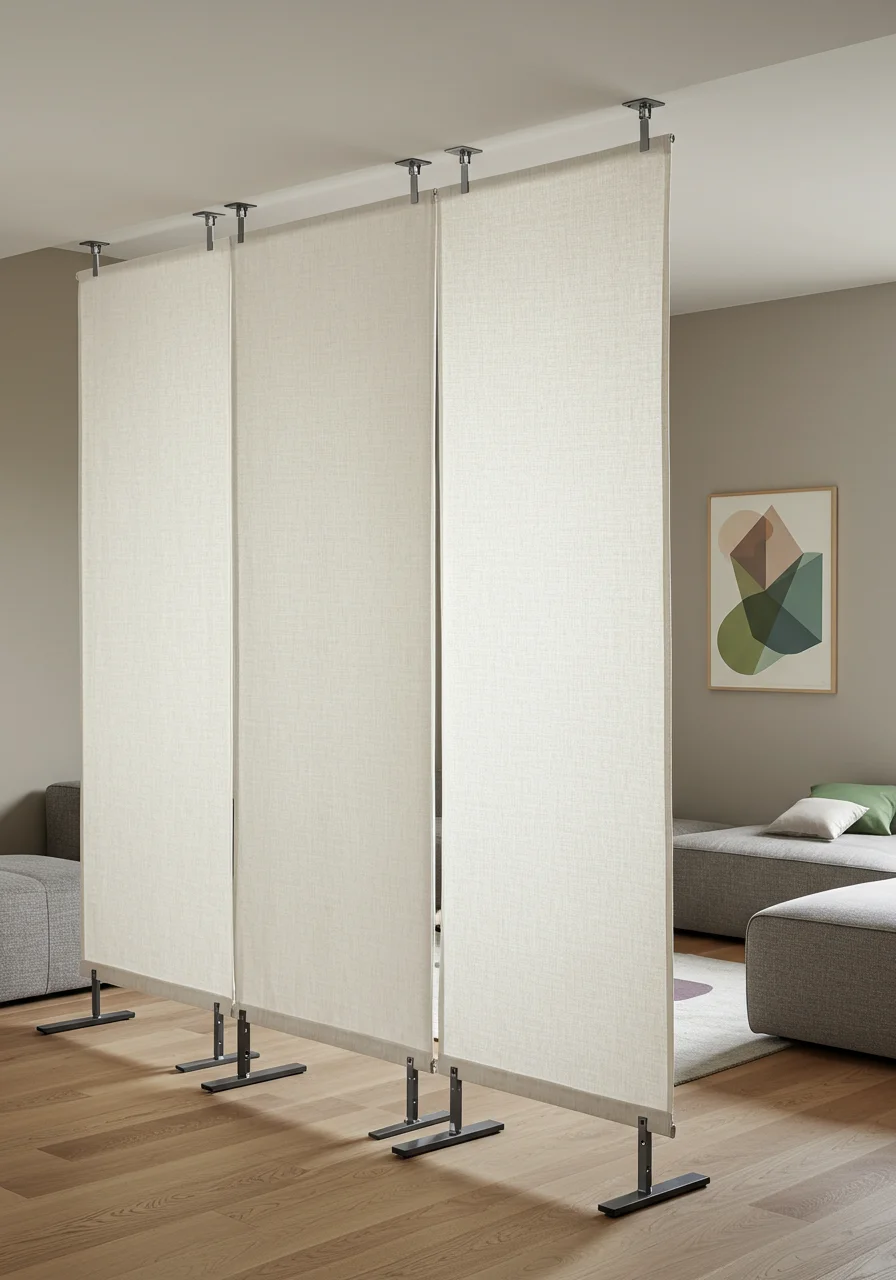 modern style screen partition with woven textile panels creating room division in contemporary living space