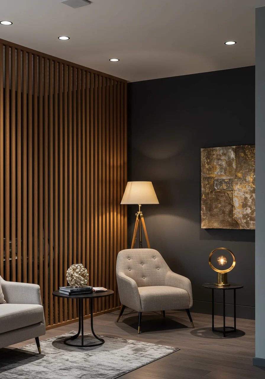 modern wooden screen partition with geometric design next to contemporary furniture and textured wall hanging