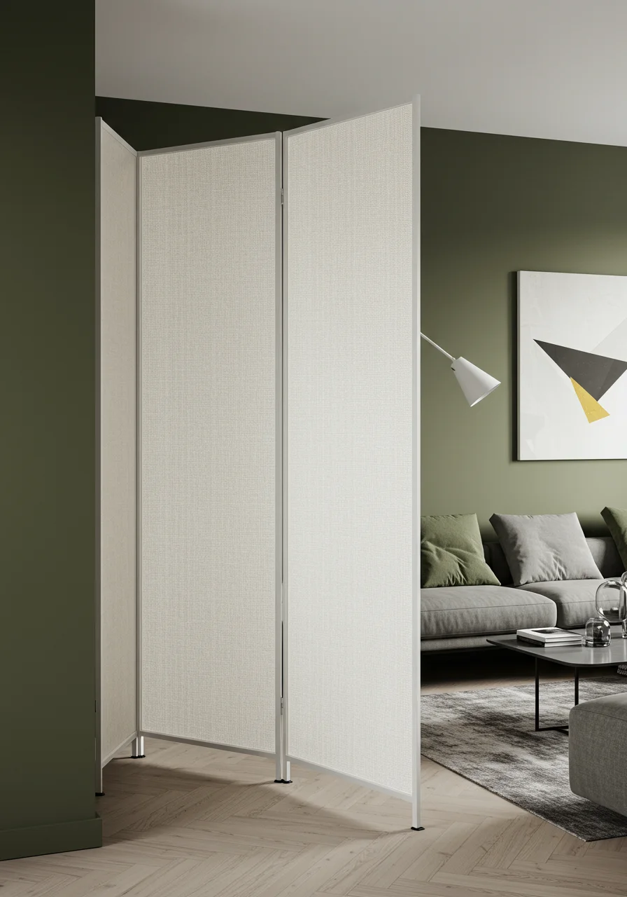 modern wooden screen partition with woven ivory fabric panels creating distinct living room zones with minimalist furniture