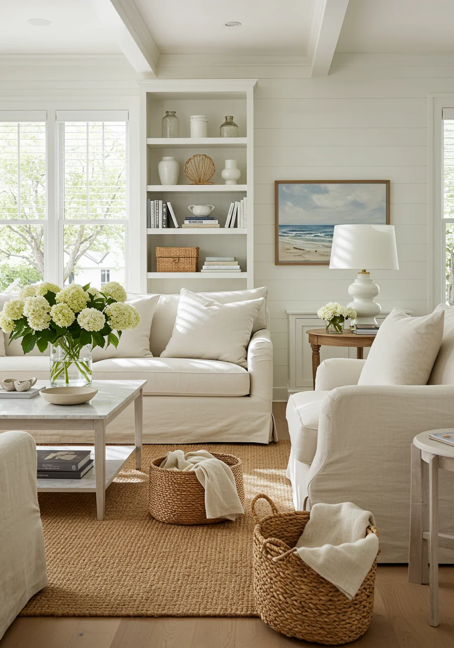 nancy meyers aesthetic hamptons living room with cream sofa natural light wooden blinds and jute rug
