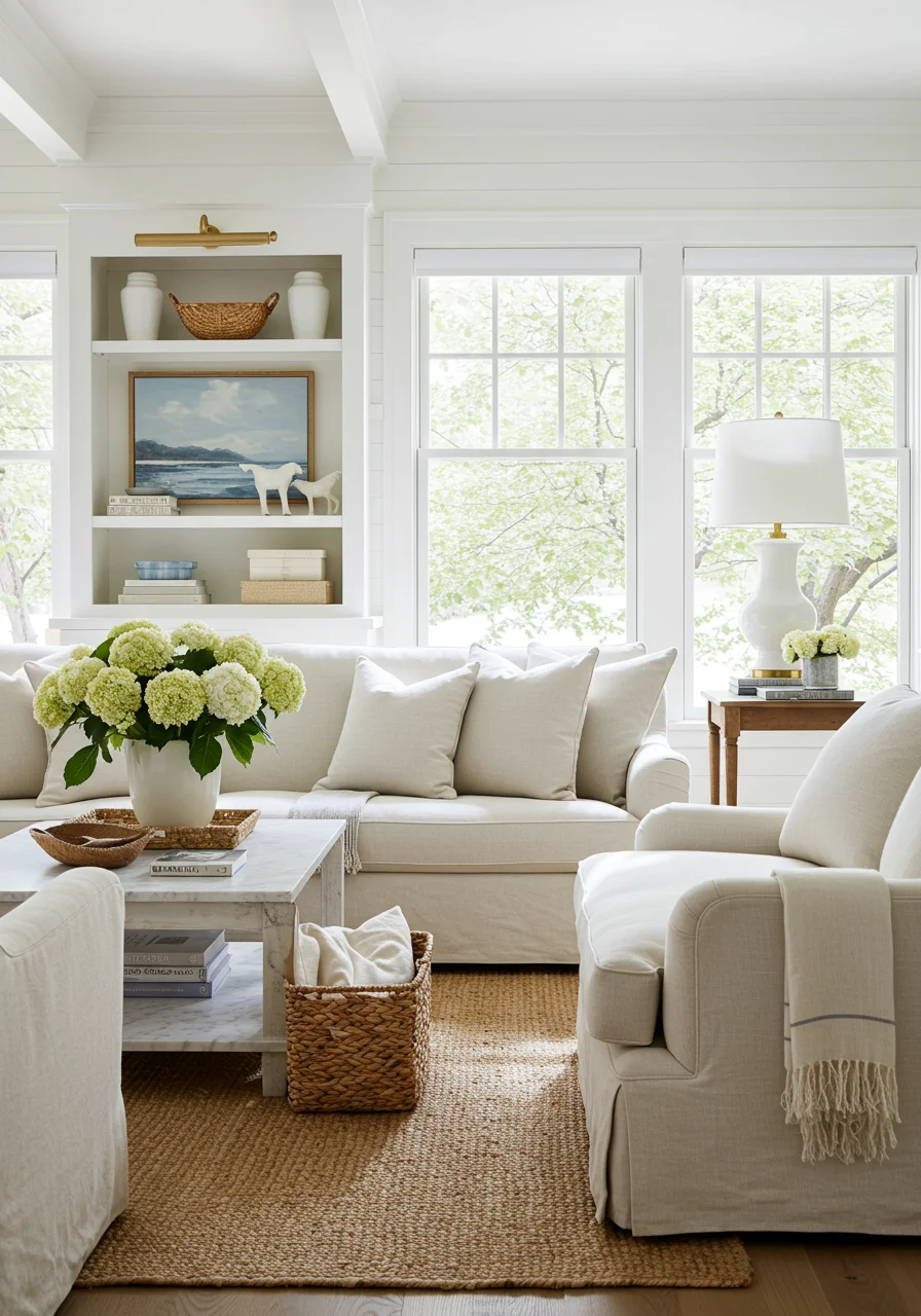 nancy meyers aesthetic sunlit hamptons living room with cream furniture white oak floors and hydrangea arrangement