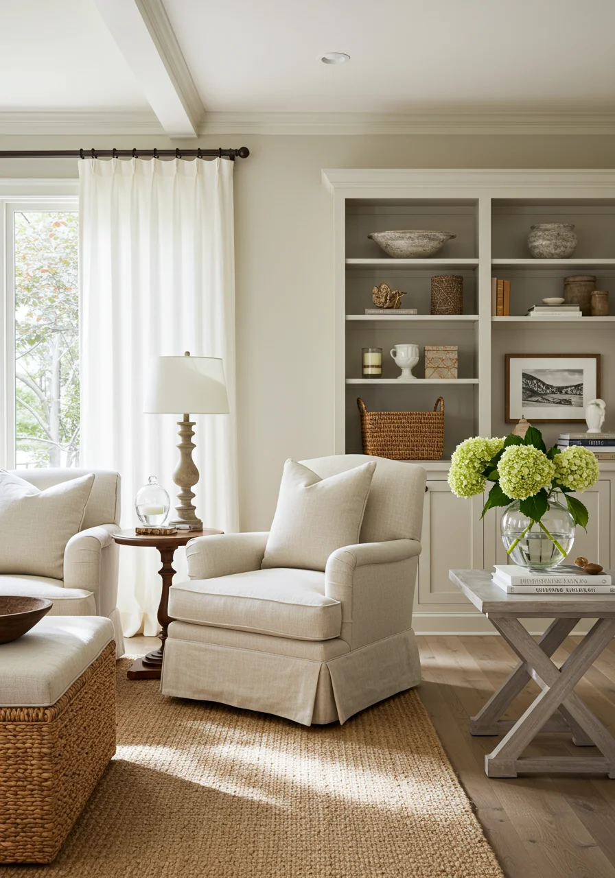 nancy meyers home aesthetic neutral hamptons interior with ivory walls sunlight white drapes oak furniture and hydrangeas