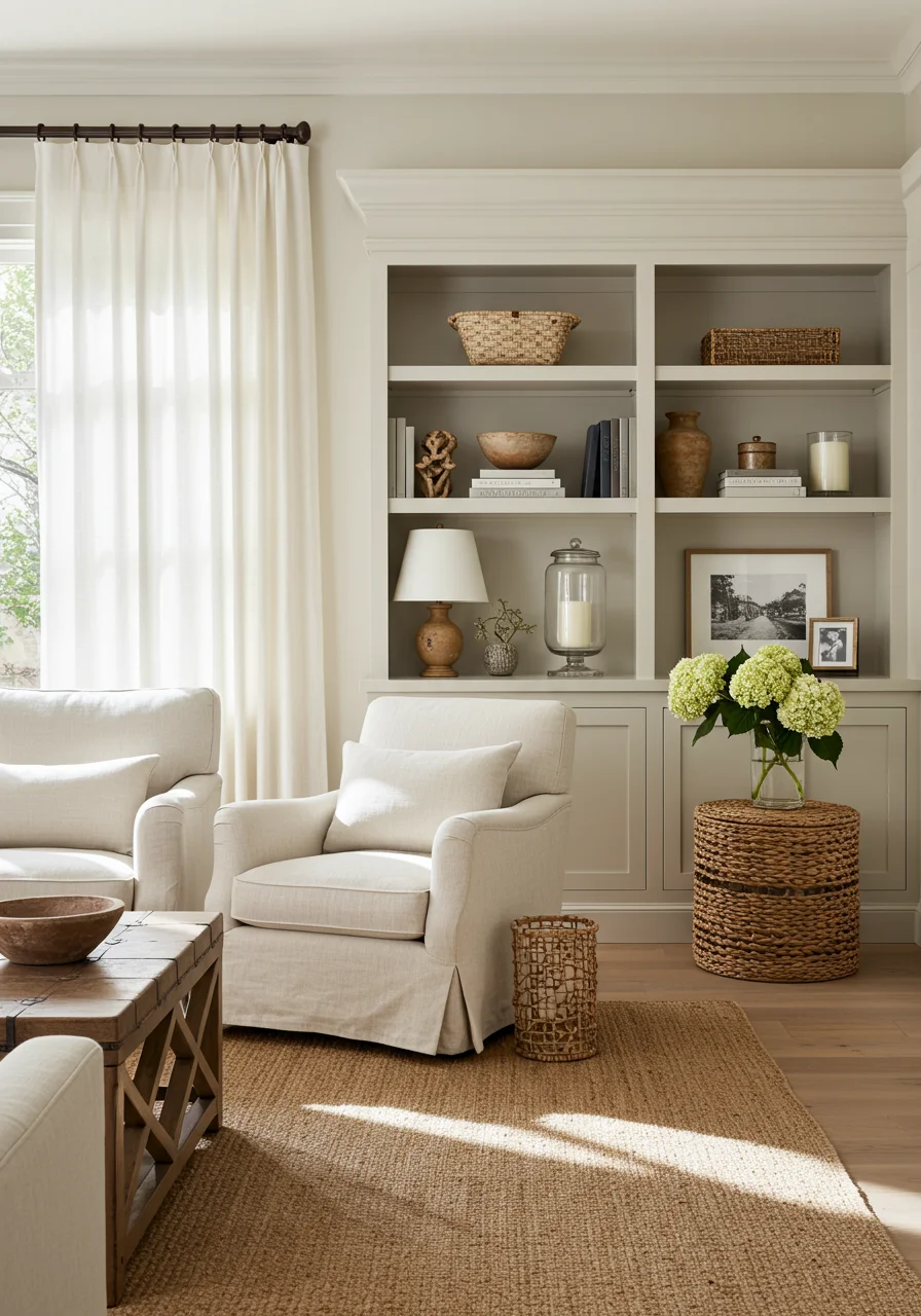nancy meyers home aesthetic neutral living room with ivory walls white curtains oak furniture and elegant built in bookcase