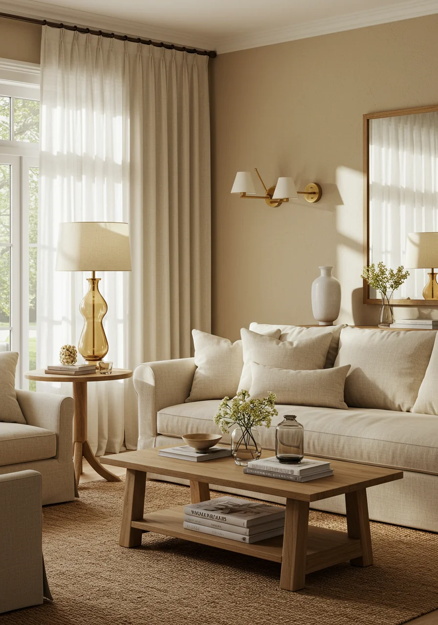 nancy meyers home interior with beige walls white curtains oak furniture neutral sofa and natural light